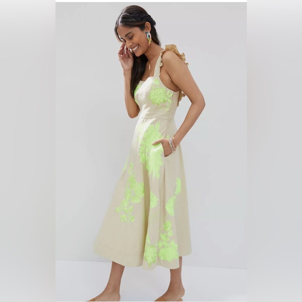 NWOT Anthropologie Floral Embroidered Midi Dress Linen Neon Green Size 10